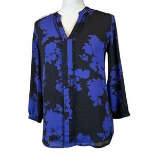 Halogen Flowy Tunic Top V-Neck 3/4 Button Sleeve Black Purple Oversized XS